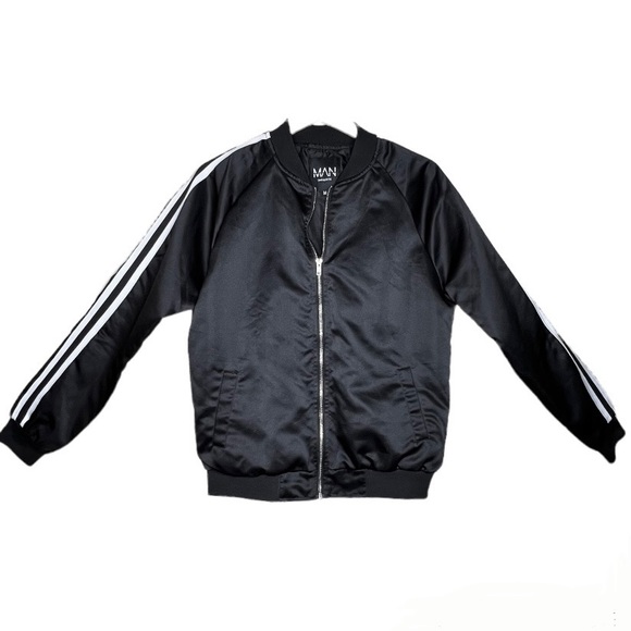 BoohooMan Black Satin Bomber Jacket with Side Stripes - Picture 9 of 10